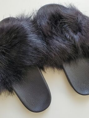 Women's Black Faux Fur Slide Sandals Slippers